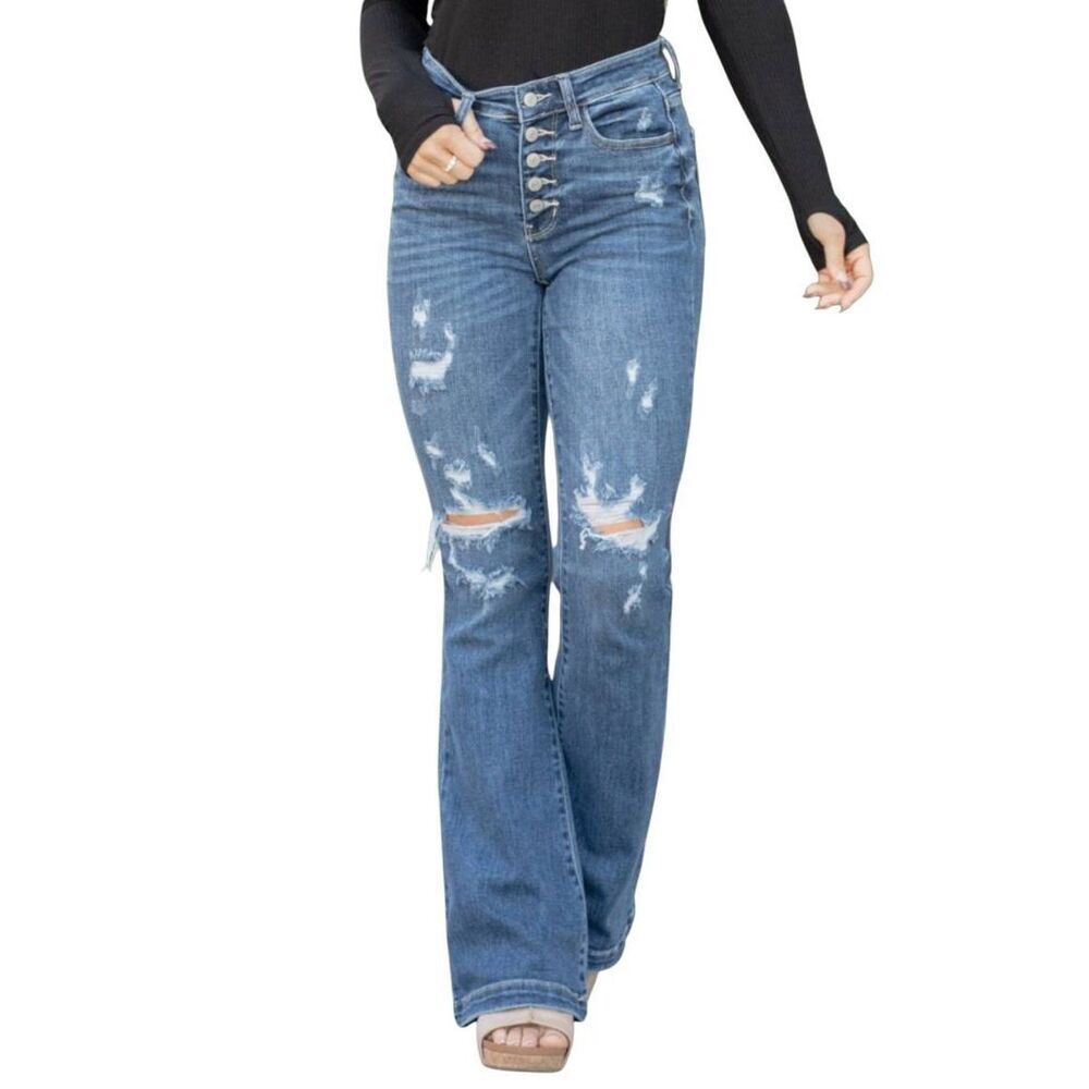 Judy Blue Jeans Women's 27 Blue Trouser Flare Button Fly Distressed Stretch